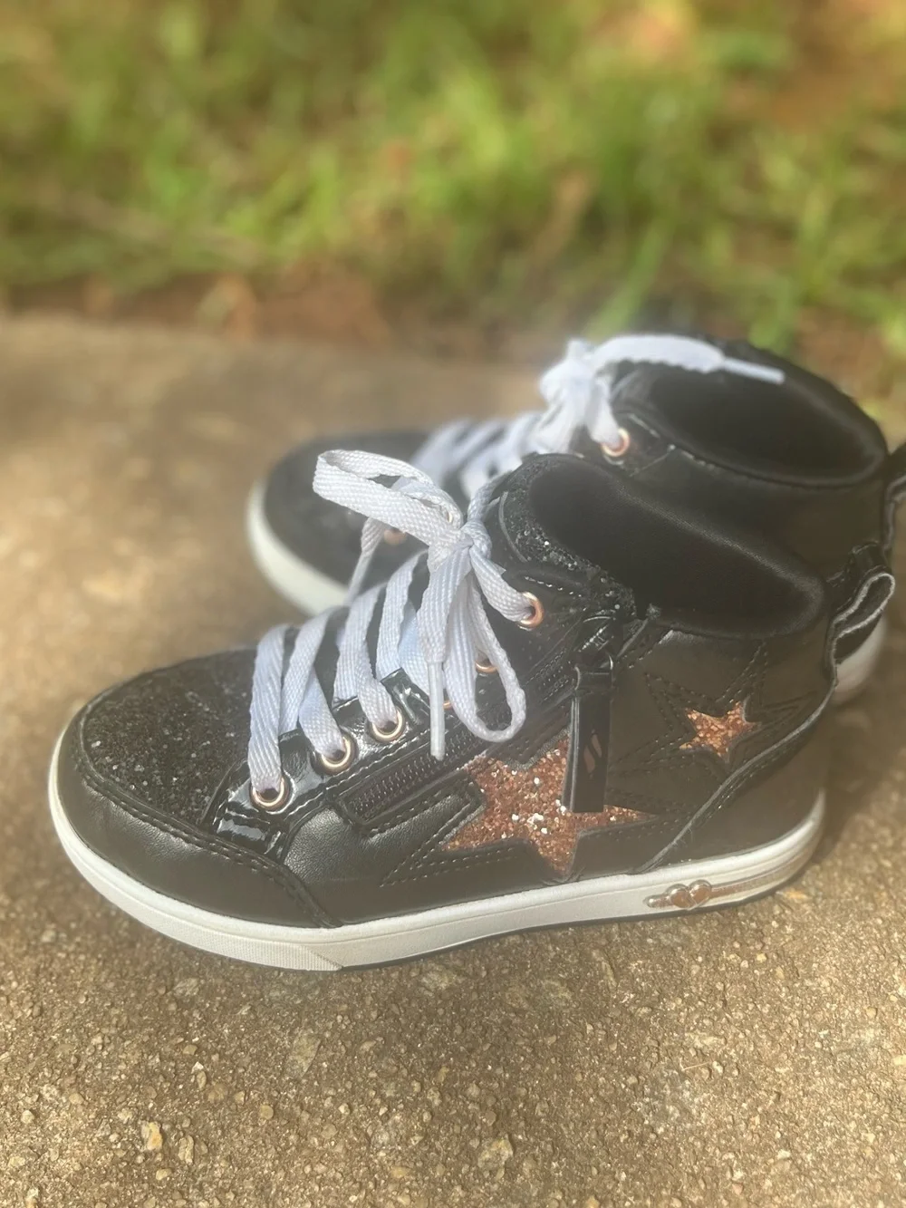 Skechers Kids Black High-Top Sneakers with Rose Gold Star Accents Size 12
